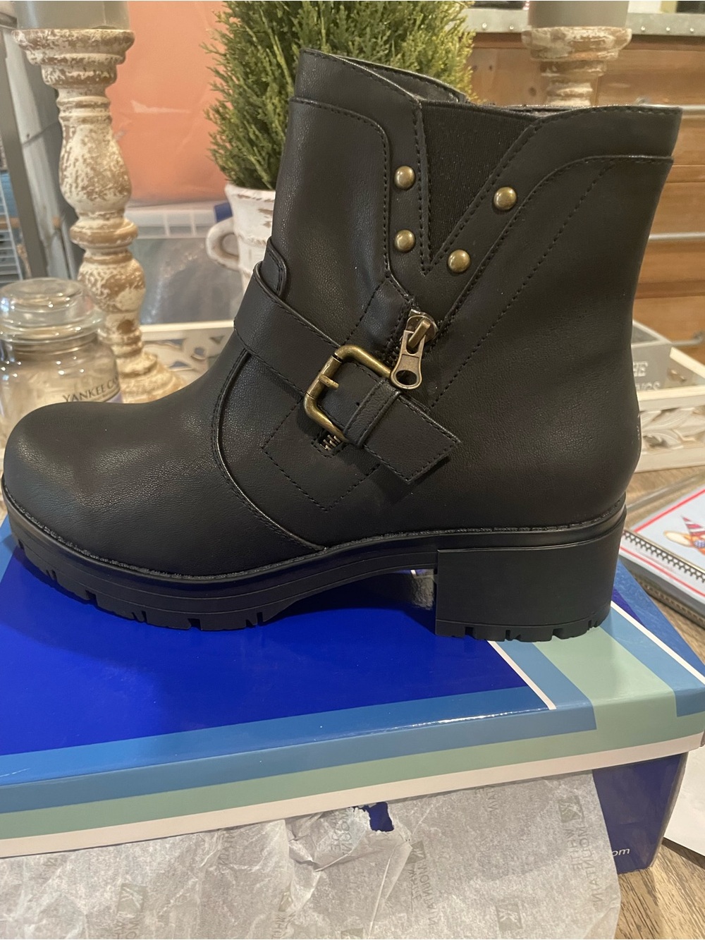 NIB White Mountain Black Faux-Leather Ankle Combat Boot with Buckle